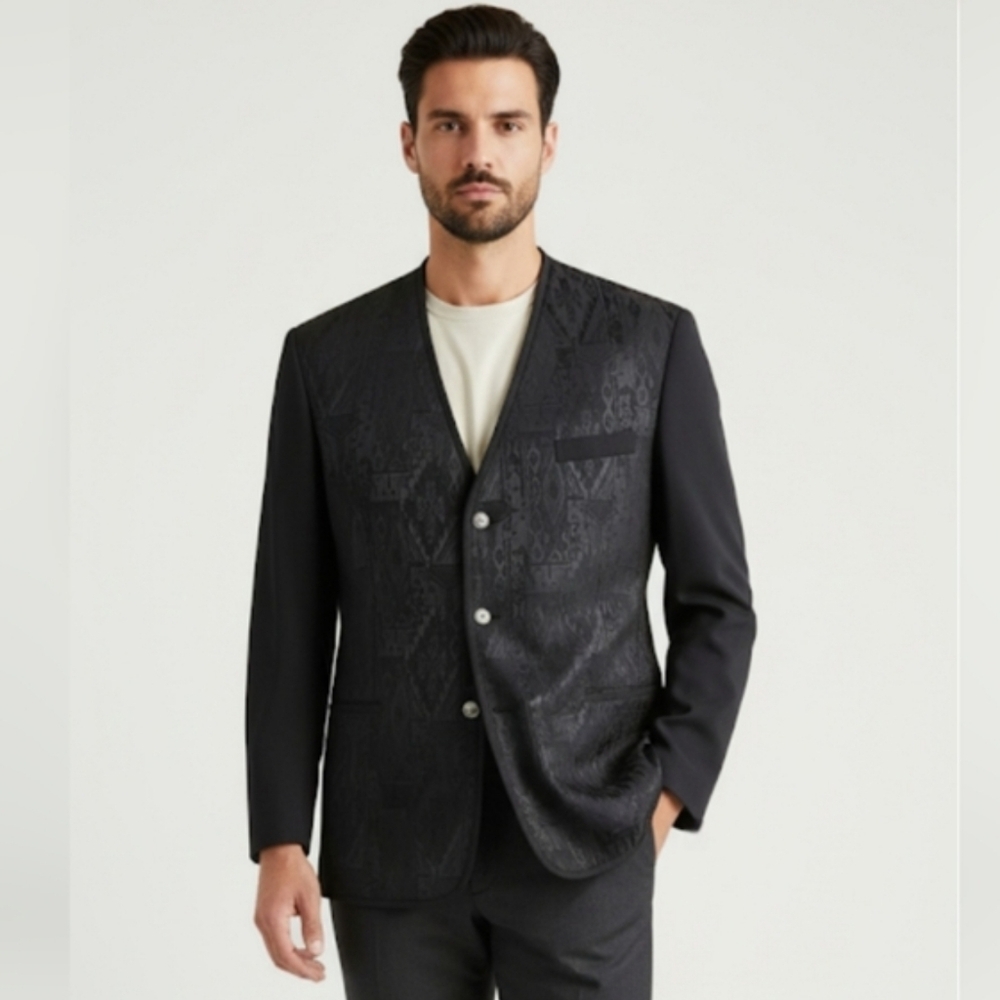 Pronti Vintage Black Jacquard Blazer - Collarless Geometric Pattern-size XL